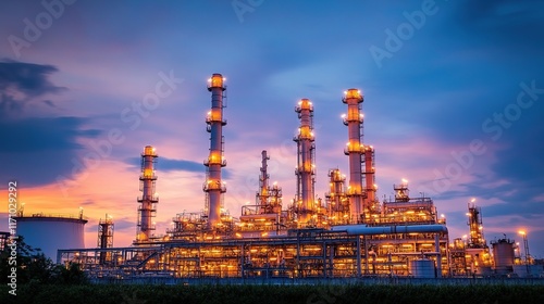 Industrial complex illuminated at dusk, showcasing towering stru photo