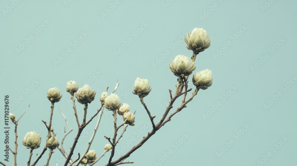 Fototapeta premium A view of an artichoke tree with multiple buds developing, set against a clear sky with no people --ar 16:9 --v 6.1 Job ID: 6229b3da-cfd1-4975-94e4-60f6b72d73b3