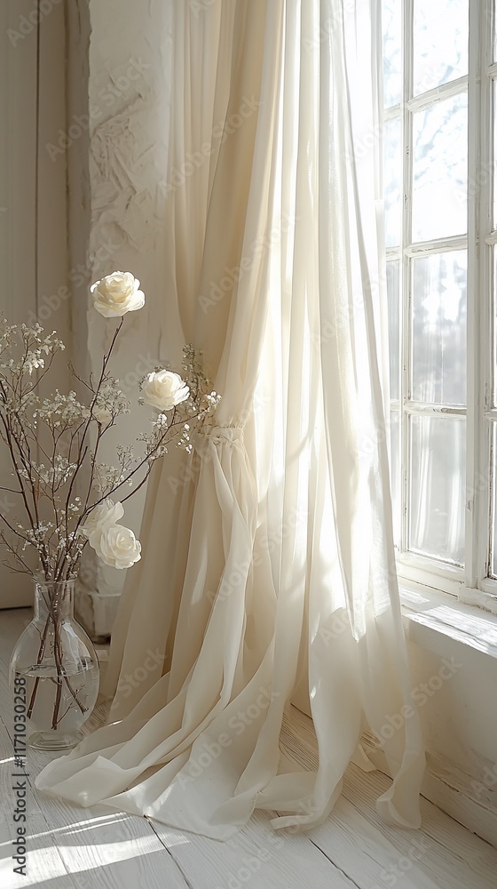 Sheer cream curtains draped near window with dried flowers. Sheer cream curtains draped near window with dried flowers.