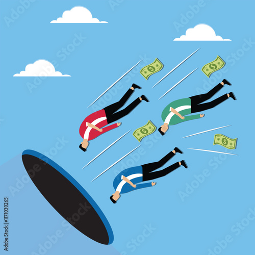Caught in a whirlpool or trap, financial fraud, financial crisis or risk, investment trap, financial turmoil, storm that sweeps a group of businessmen and banknotes and sucks them into a dark cave