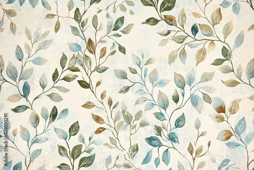 Delicate foliage pattern in soft colors creates serene, calming