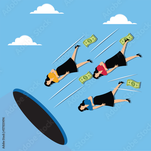 Caught in a whirlpool or trap, financial fraud, financial crisis or risk, investment trap, financial turmoil, storm that sweeps a group of businesswomen and banknotes and sucks them into a dark cave