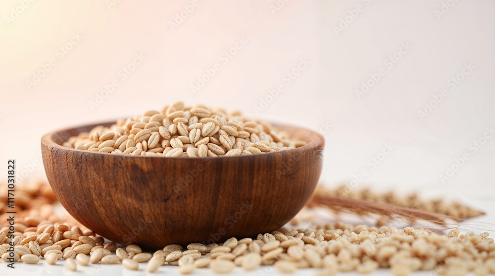 A wooden bowl overflowing with golden wheat grains, isolated against a white background. A wooden bowl overflowing with golden wheat grains, isolated against a white background.