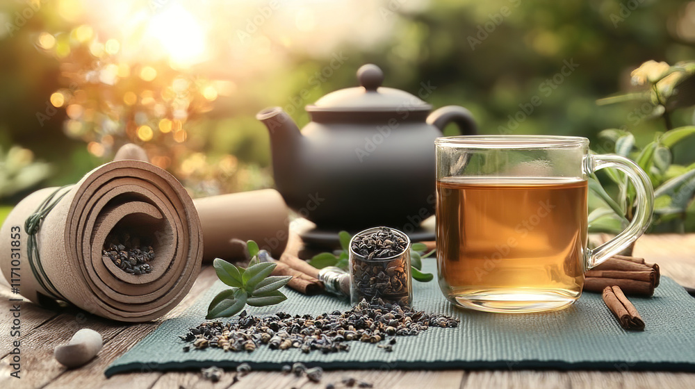 Adaptogenic herbal teas blend herbs for wellness and healing. Herbal Tea Preparation with Teapot, Glass Cup, and Ingredients Adaptogenic herbal teas blend herbs for wellness and healing. Herbal Tea Preparation with Teapot, Glass Cup, and Ingredients