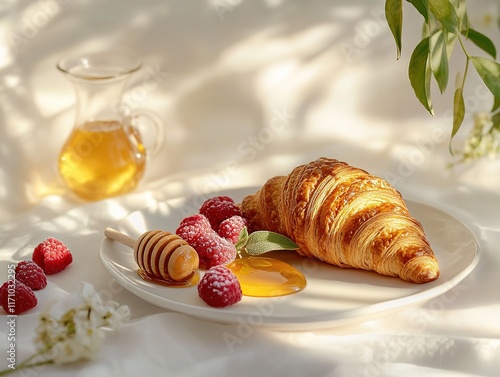 Warm croissant paired with honey and fresh raspberries on soft f photo