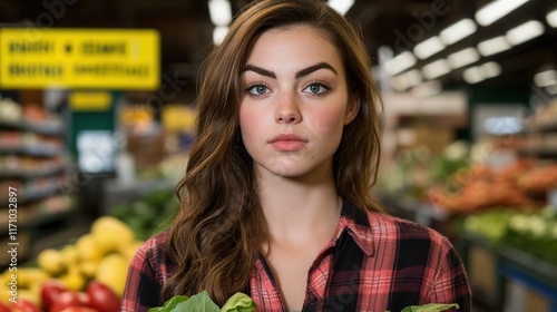 Wallpaper Mural Young Woman Holding Fresh Greens in Grocery Market Aisle Torontodigital.ca