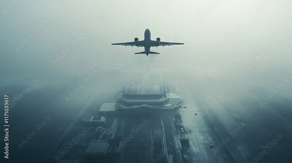 An airplane flying above a foggy airport landscape. An airplane flying above a foggy airport landscape.
