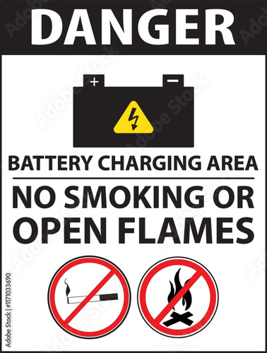 Batterry charging area no open flames warning sign.eps photo