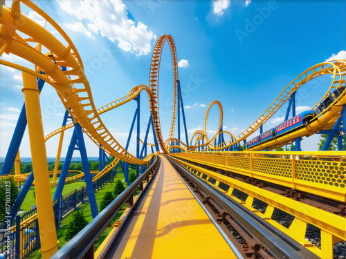 Roller coaster track close-up, thrilling photo