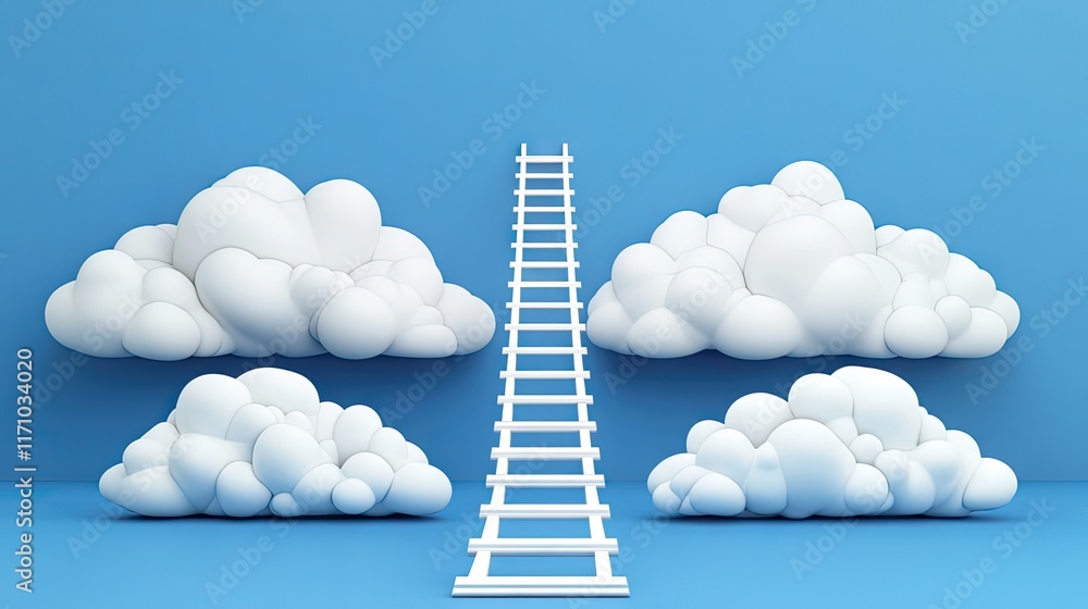 A whimsical scene featuring a ladder leading to fluffy clouds against a blue background. A whimsical scene featuring a ladder leading to fluffy clouds against a blue background.
