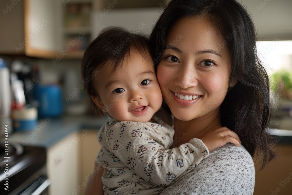 Capture the essence of maternal love with this heartwarming image of an Asian mom hugging her child in a sunlit room, their smiles reflecting shared joy and peace Perfect for illustrating family Capture the essence of maternal love with this heartwarming image of an Asian mom hugging her child in a sunlit room, their smiles reflecting shared joy and peace Perfect for illustrating family
