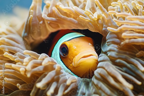 Vibrant clownfish peeks out from colorful anemone tentacles, sho photo