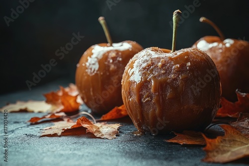 A dark, moody scene of spoiled caramel apples, their sticky coatings cracked and discolored, surrounded by dry leaves on an autumn-themed table,copy space background