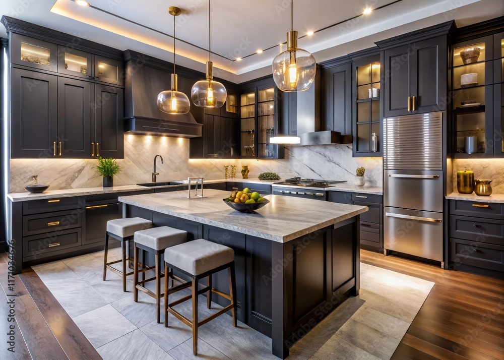 Modern Luxury Kitchen: Dark Cabinets, Marble Island, Golden Lighting Modern Luxury Kitchen: Dark Cabinets, Marble Island, Golden Lighting
