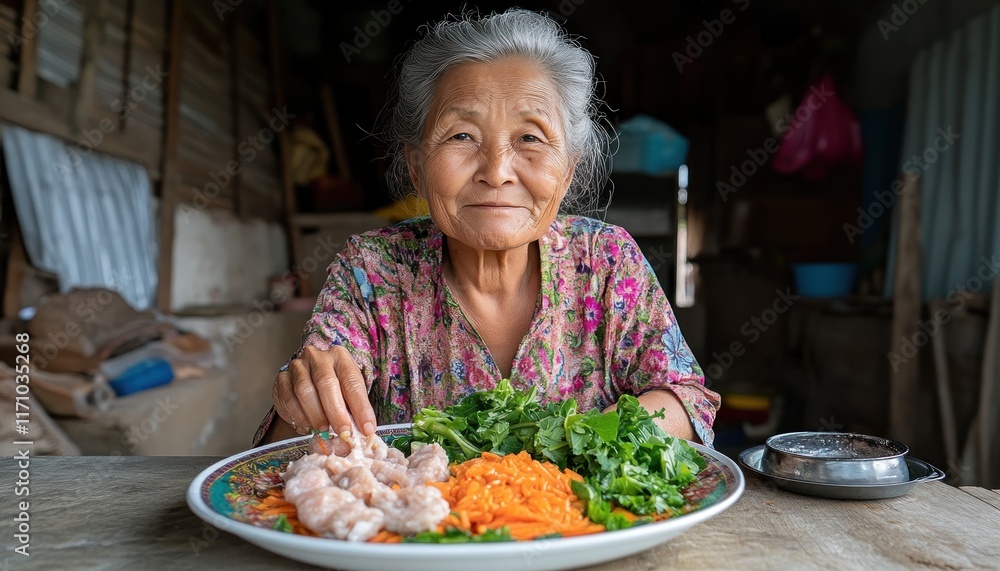 Discover the heartwarming scene of a caring Asian mother in her kitchen, preparing a healthy meal with fresh ingredients like vibrant green vegetables and orange carrots Capture the essence of home Discover the heartwarming scene of a caring Asian mother in her kitchen, preparing a healthy meal with fresh ingredients like vibrant green vegetables and orange carrots Capture the essence of home