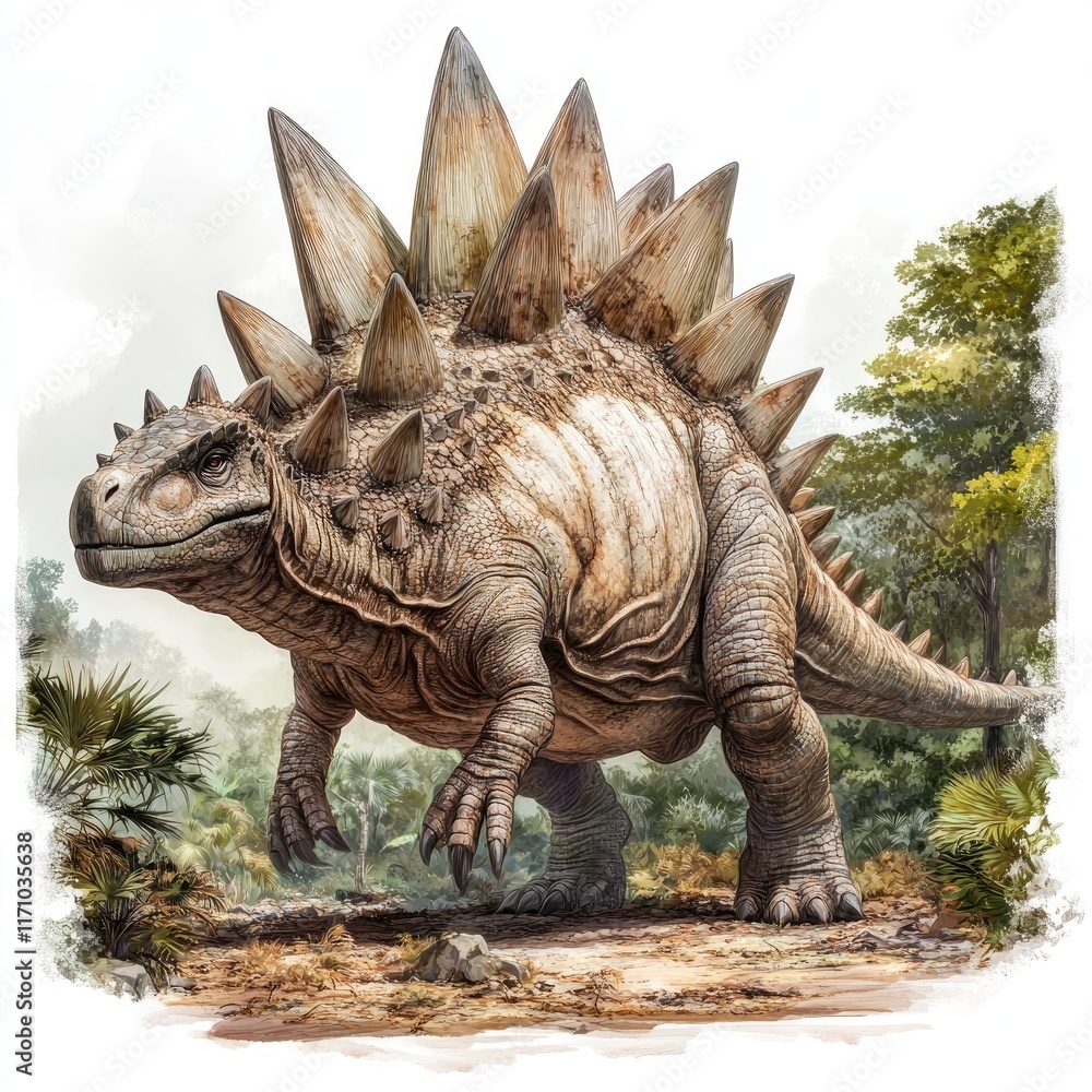 Fototapeta premium A large, spiky dinosaur resembling a stegosaurus in a prehistoric forest setting.