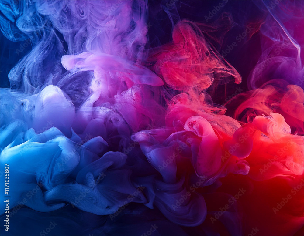 Obraz premium Dramatic smoke and fog in contrasting vivid red, blue, and purple colors. Vivid and intense abstract background or wallpaper.