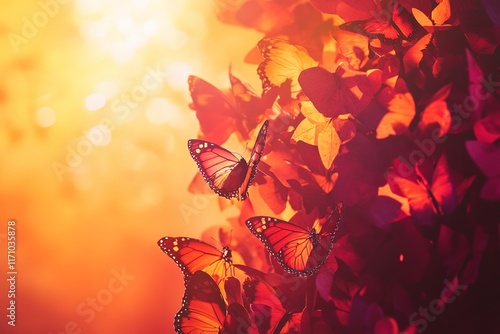 Colorful butterflies flutter among vibrant autumn leaves, illumi photo