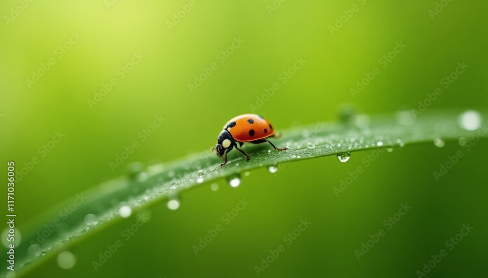 Ladybug crawling on a dewy blade of grass, with blurred green background Ladybug crawling on a dewy blade of grass, with blurred green background