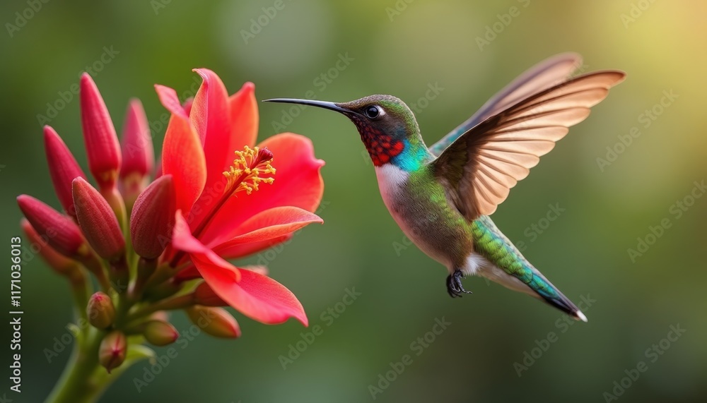 Fototapeta premium Hummingbird mid-flight near vibrant red flower to pick up nectar. 