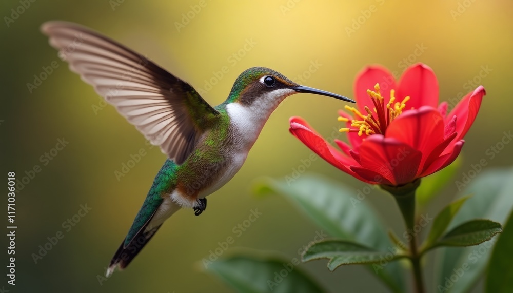 Fototapeta premium Hummingbird mid-flight near vibrant red flower to pick up nectar. 