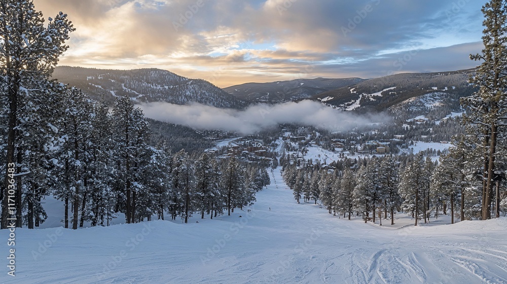 Snowy mountain slope at sunset with valley fog. Snowy mountain slope at sunset with valley fog.