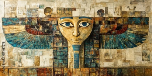 Colorful abstract artwork featuring Egyptian motifs with a prominent figure and intricate patterns photo