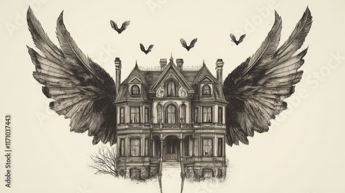 Victorian Mansion House With Large Wings And Flying Birds photo