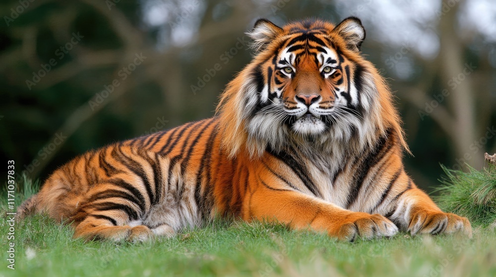 Fototapeta premium A majestic tiger resting on the grass, showcasing its vibrant orange and black stripes.