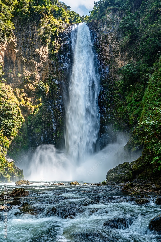 Fototapeta premium Majestic waterfall cascading down rocky cliffs, surrounded by lu