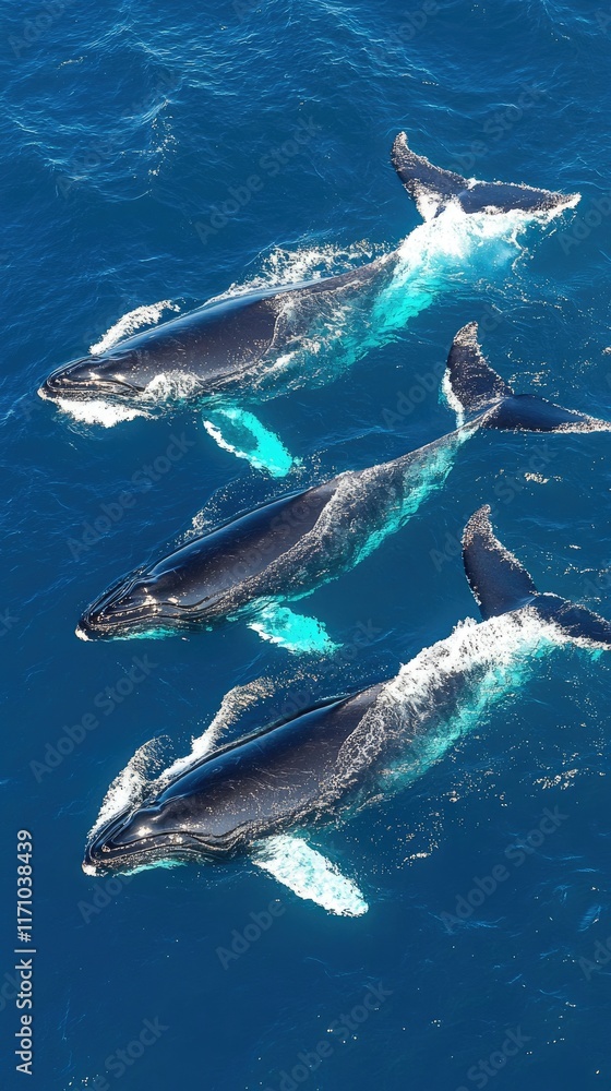 Fototapeta premium Three humpback whales swimming gracefully in deep blue ocean water.