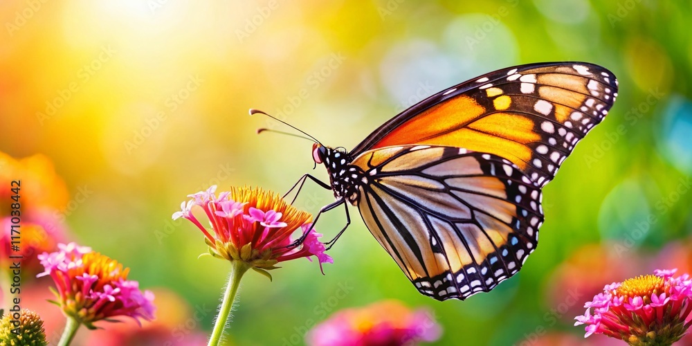 Monarch Butterfly on Flower, Copy Space, Left Position - Nature Stock Photo Monarch Butterfly on Flower, Copy Space, Left Position - Nature Stock Photo