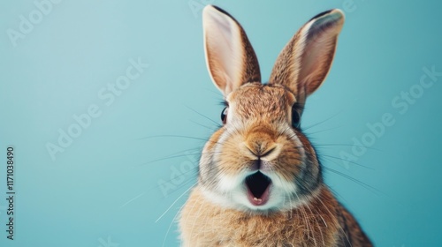 Rabbit with a surprised expression on a blue background 