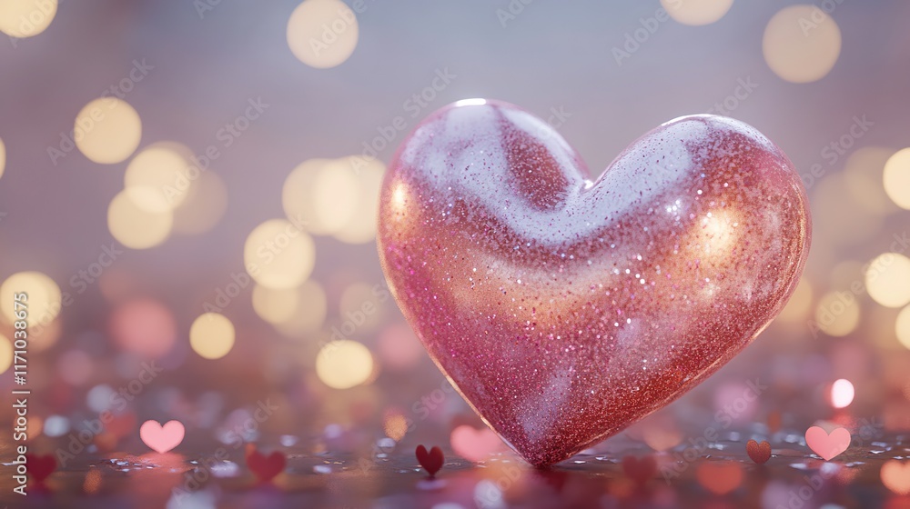 Fototapeta premium Happy Valentine's Day Text With 3D Render Of Shiny Pink Glittery Heart Shape