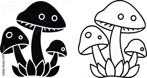 Simple Mushroom Illustrations Black, White, Line Art, Fungi, Nature