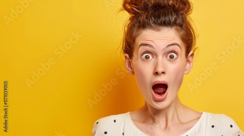 A very surprised woman with wide open eyes and mouth on a yellow background photo