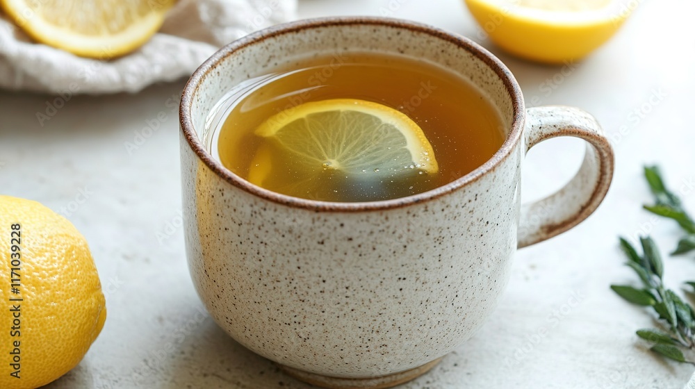 Warm herbal drink with lemon slice, surrounded by fresh lemons a Warm herbal drink with lemon slice, surrounded by fresh lemons a