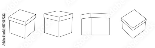 Set of gift boxes, contour drawing. Linear perspective, different angles. Editable stroke. Stroke weight can be changed. Linear icon, vector illustration.
