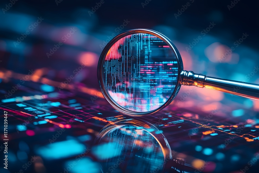 A magnifying glass floating over an abstract digital grid, representing data analysis and hidden details in the web development process. The background is blur