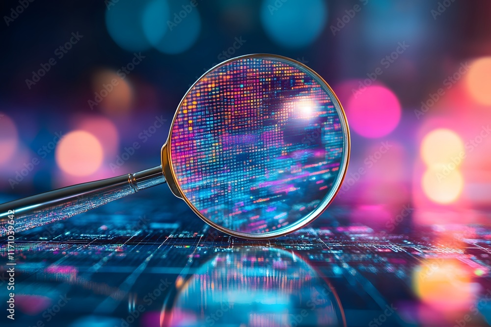A magnifying glass floating over an abstract digital grid, representing data analysis and hidden details in the web development process. The background is blur A magnifying glass floating over an abstract digital grid, representing data analysis and hidden details in the web development process. The background is blur