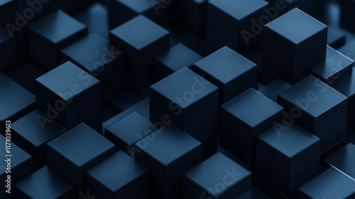 Isometric view of dark navy blue 3D cubes creating a minimalist, modern background, with attention to clean lines and geometric precision. Captured with ultra-high-definition clarity.