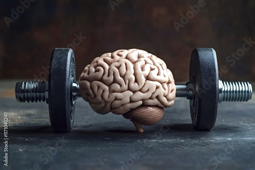 Human brain lifting weights, training mind and memory power, improving cognitive functions, learning and practicing new skills, intelligence and smartness development concept photo