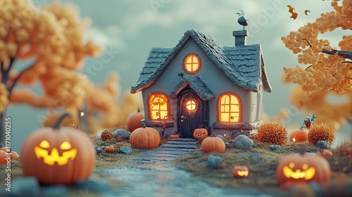 3D model of a Halloween background featuring pumpkins and a frightening house photo