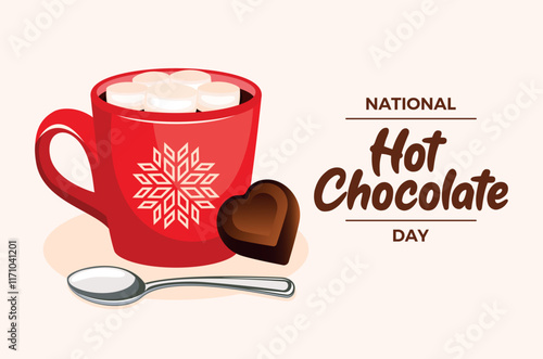 National Hot Chocolate Day poster vector illustration. Red mug of hot chocolate with marshmallow icon vector. Template for background, banner, card. Cup of cocoa drawing. January 31 every year