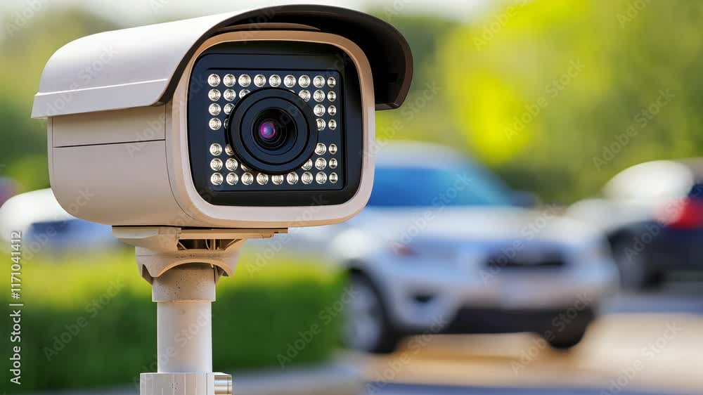 Modern Security Camera with LED Lights Mounted on a Pole in Urban Environment Modern Security Camera with LED Lights Mounted on a Pole in Urban Environment