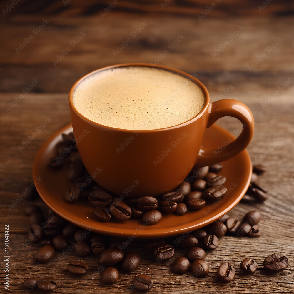 Cozy Orange Coffee Cup with Coffee Beans on Rustic Wooden Table Cozy Orange Coffee Cup with Coffee Beans on Rustic Wooden Table