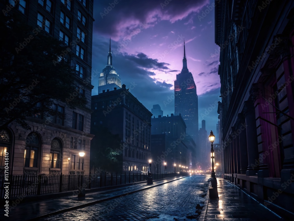 Fototapeta premium Mysterious Night Cityscape: Dark Urban Photography