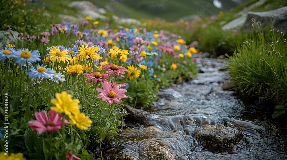 Obraz premium Vibrant and colorful flower field with a serene brook winding through it at the base of a lush verdant hillside A peaceful and tranquil natural landscape scene