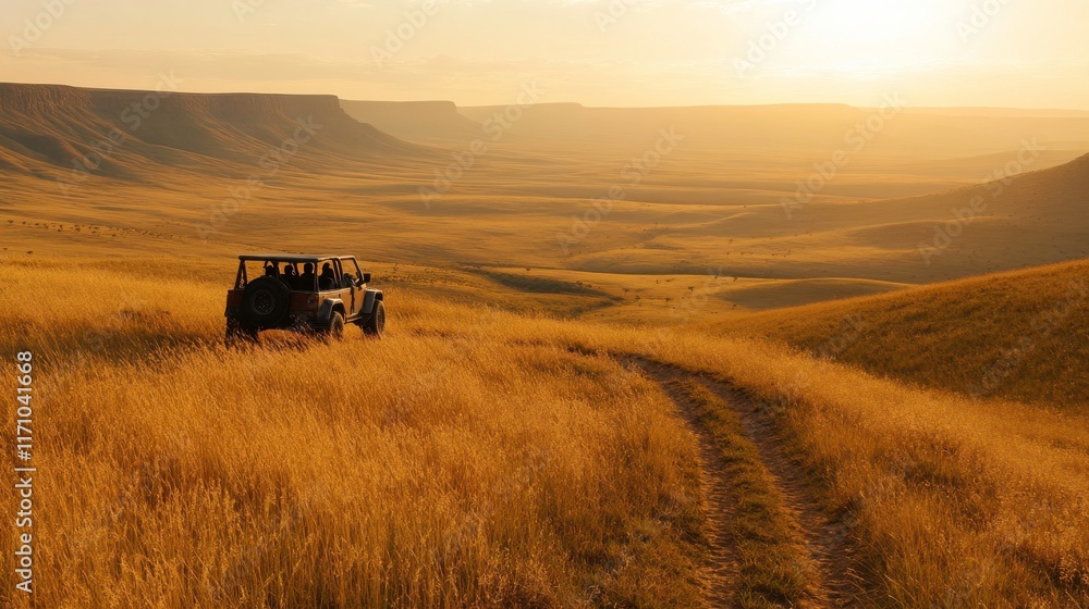 Naklejka premium Tourists Observing Wildlife from Jeeps at Sunset
