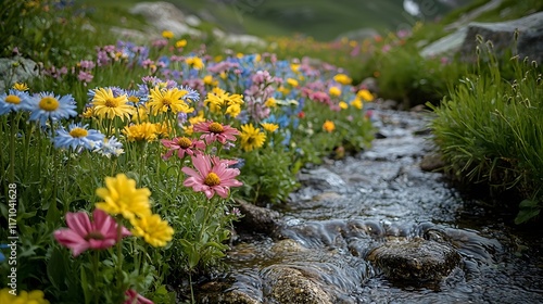 Vibrant and colorful flower field with a serene brook winding through it at the base of a lush verdant hillside  A peaceful and tranquil natural landscape scene photo